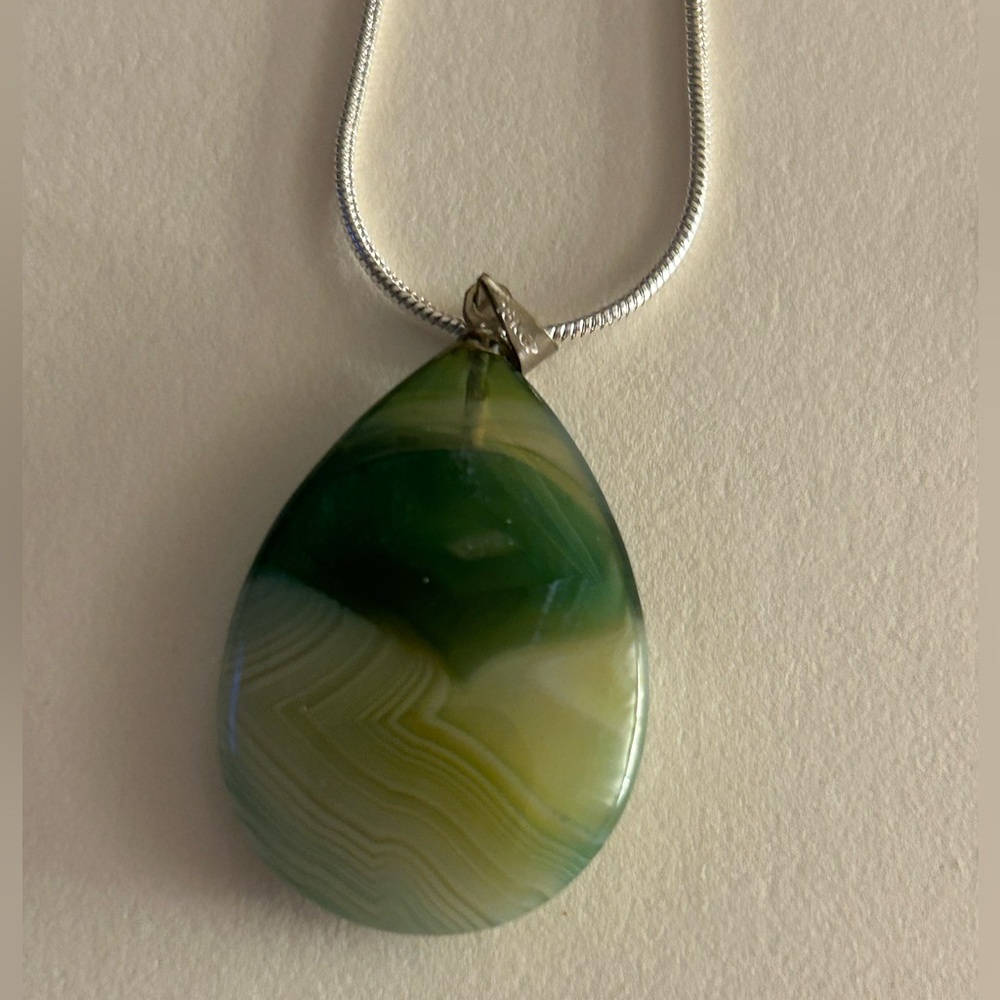 NWOT Necklace green Banded Agate polished teardrop Stone, .925 Sterling sp.chain